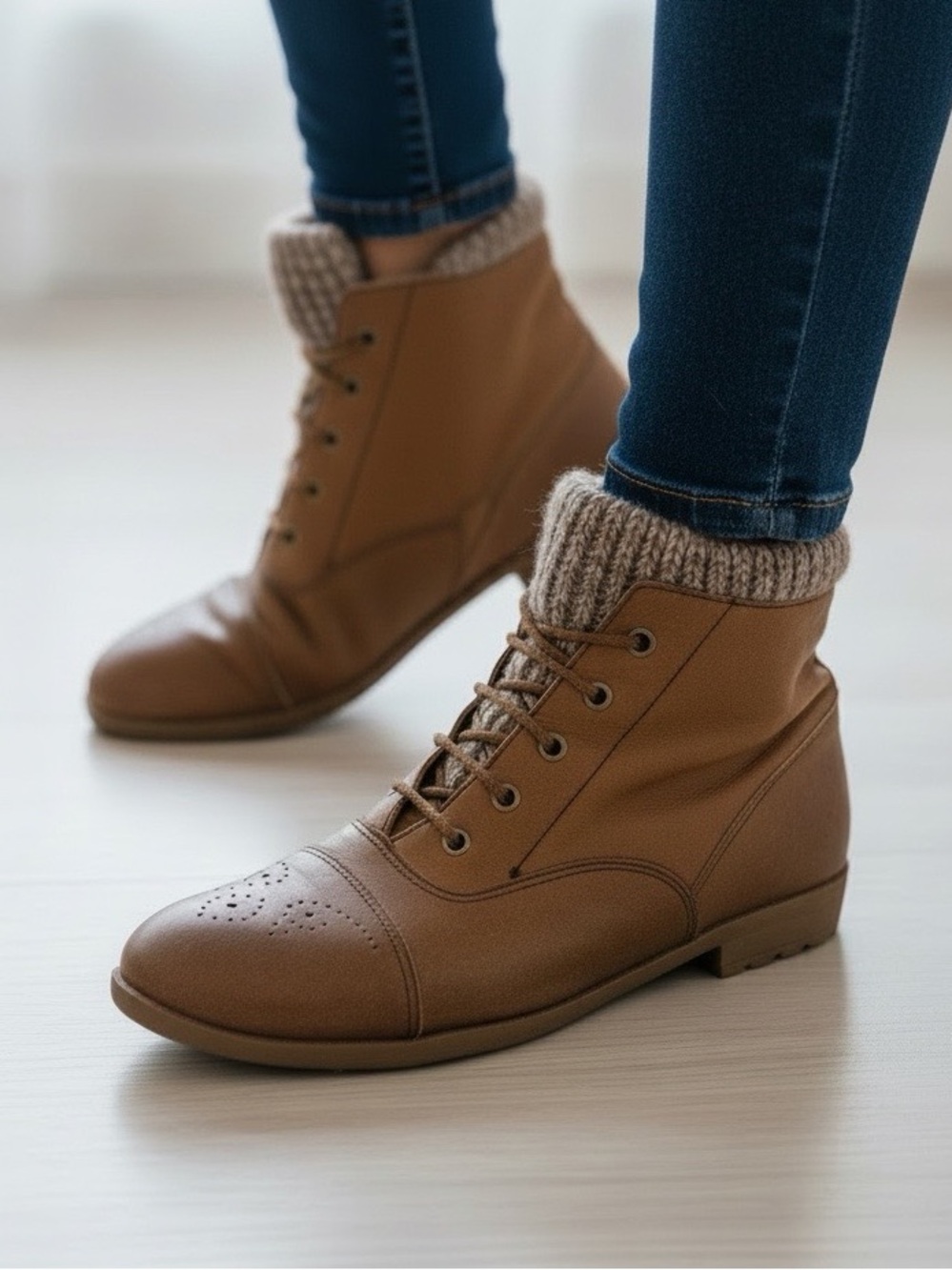 VINTAGE 1990S GITANO BROWN LACE UP ANKLE BOOTS KNIT CUFF SIZE 8 NEW